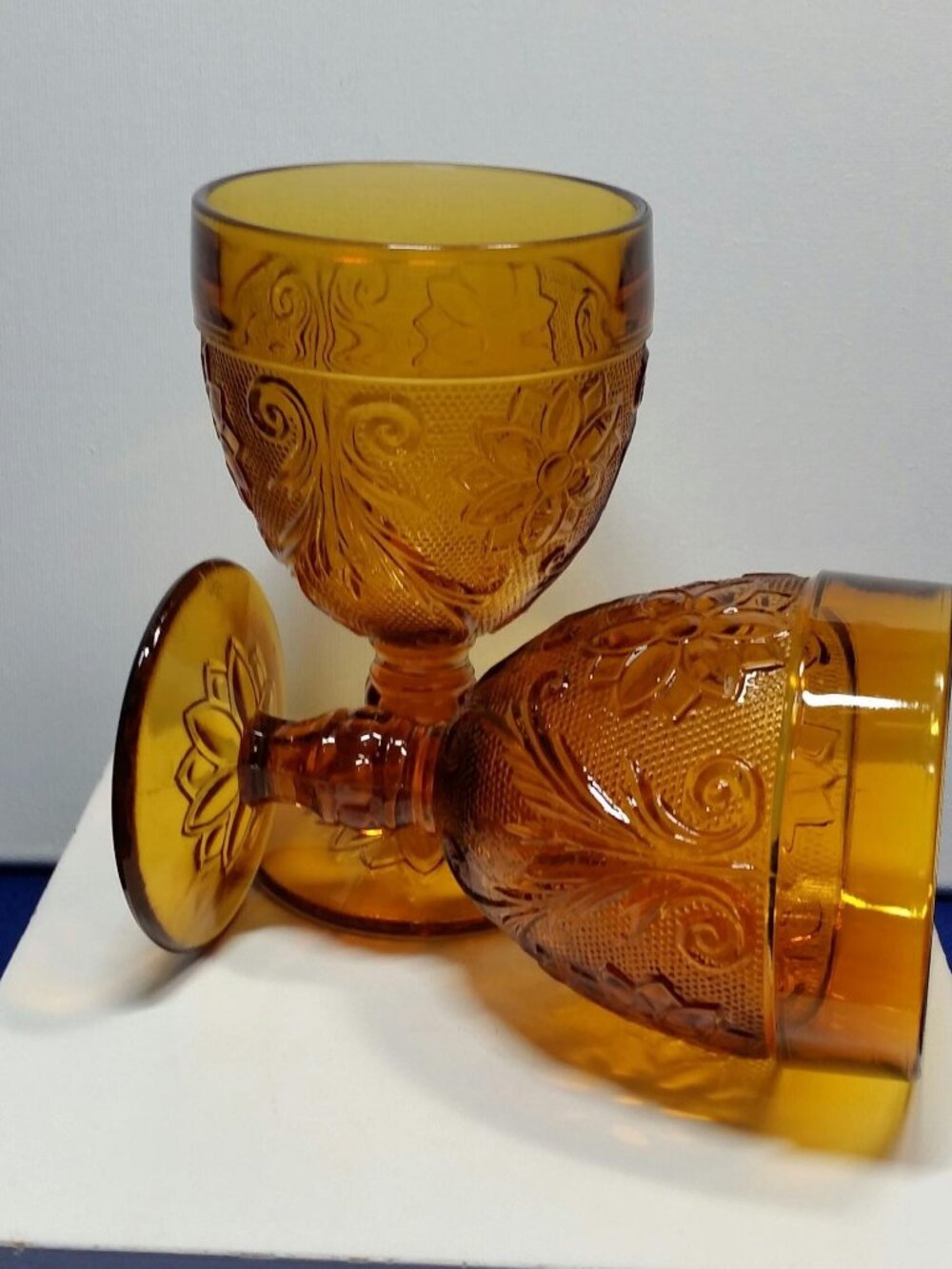 Vintage Tiara Amber Sandwich Water Goblets Set of 2  Indiana Glass 1971-1989